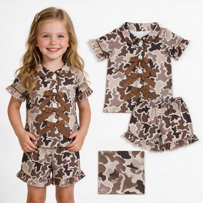 Short sleeves khaki bow camo girls button down pajamas set