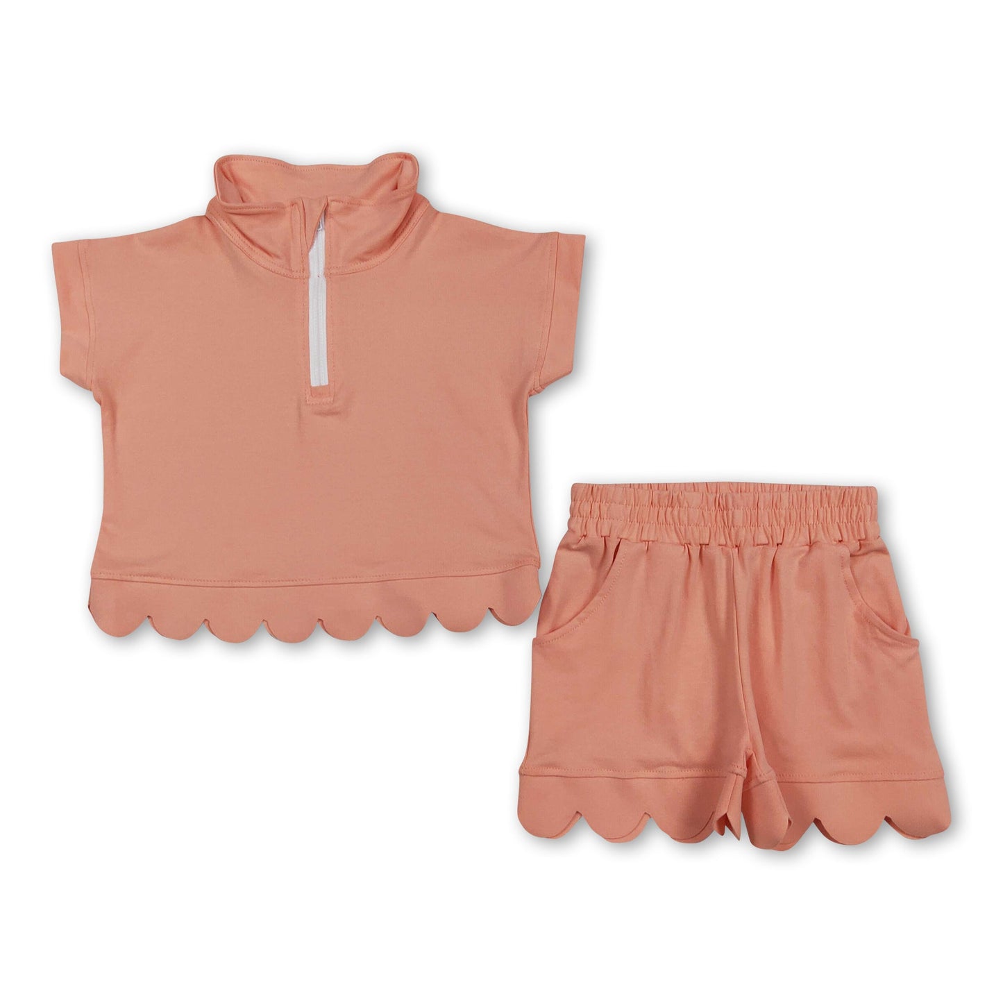 Peach short sleeves scallop pullover shorts girls outfits