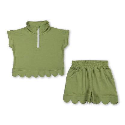 Green scallop pullover shorts girls summer outfits