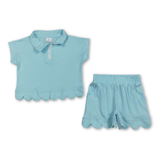 Aqua short sleeves scallop pullover shorts girls outfits