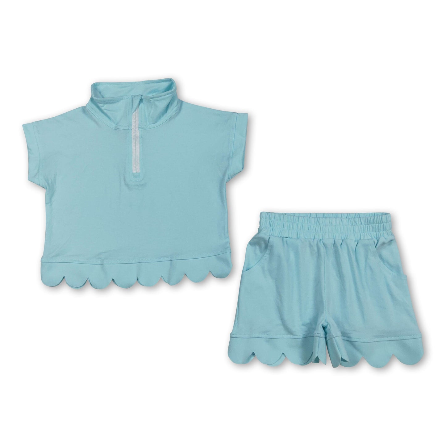 Aqua short sleeves scallop pullover shorts girls outfits