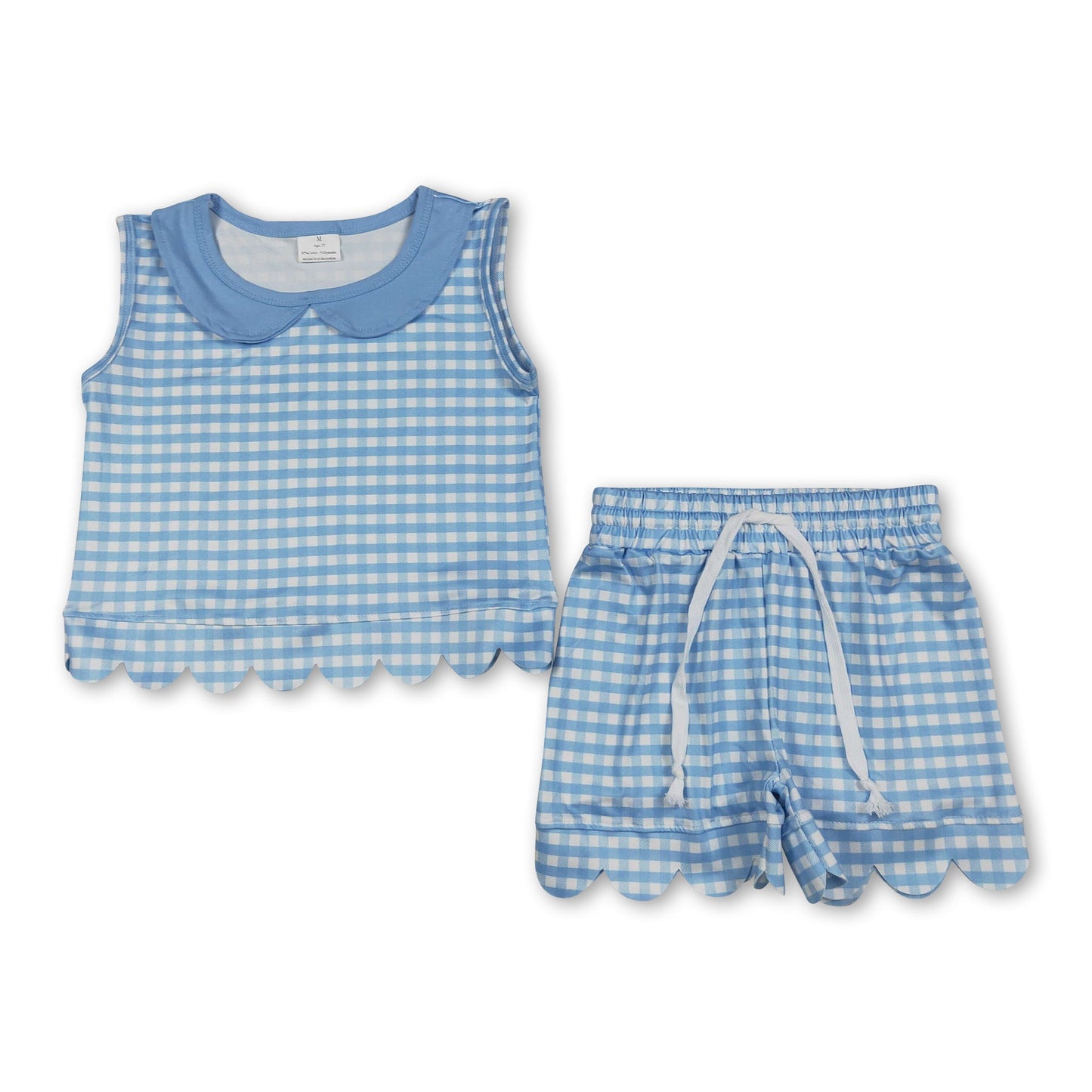 Sleeveless light blue plaid scallop top shorts girls outfits