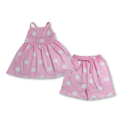 Pink straps polka dots tunic shorts girls summer clothes