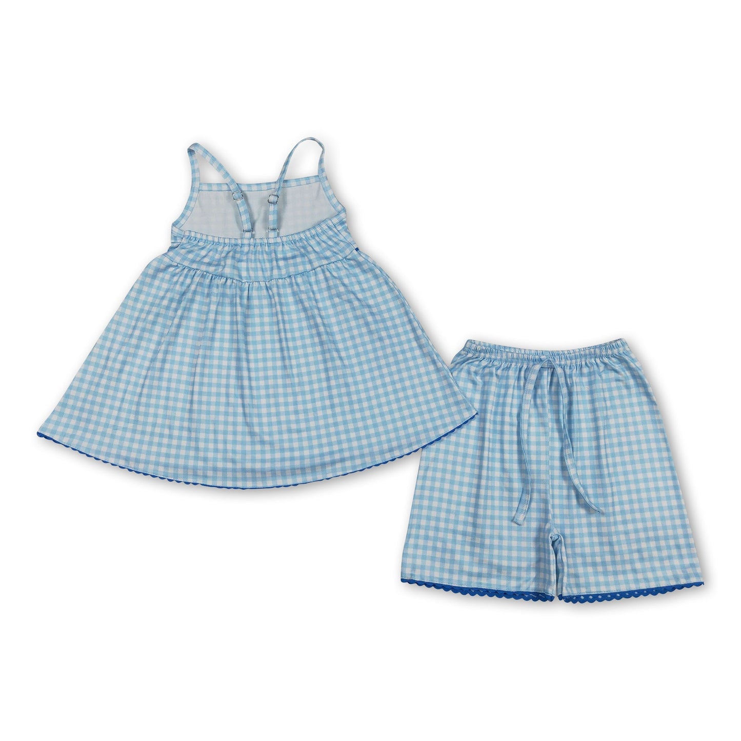 Straps blue plaid tunic shorts kids girls outfits