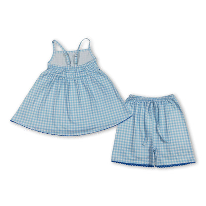 Straps blue plaid tunic shorts kids girls outfits