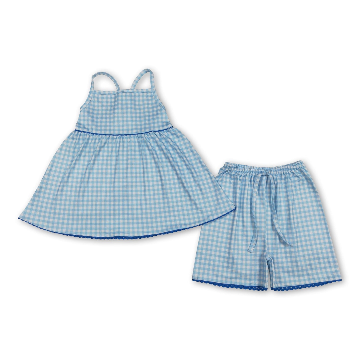 Straps blue plaid tunic shorts kids girls outfits