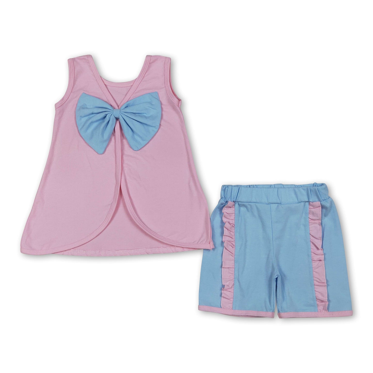 Sleeveless bow pink tunic light blue shorts girls summer outfits
