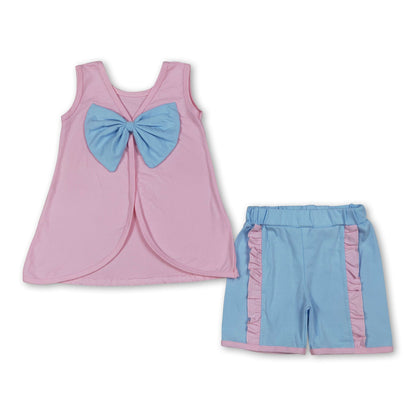 Sleeveless bow pink tunic light blue shorts girls summer outfits