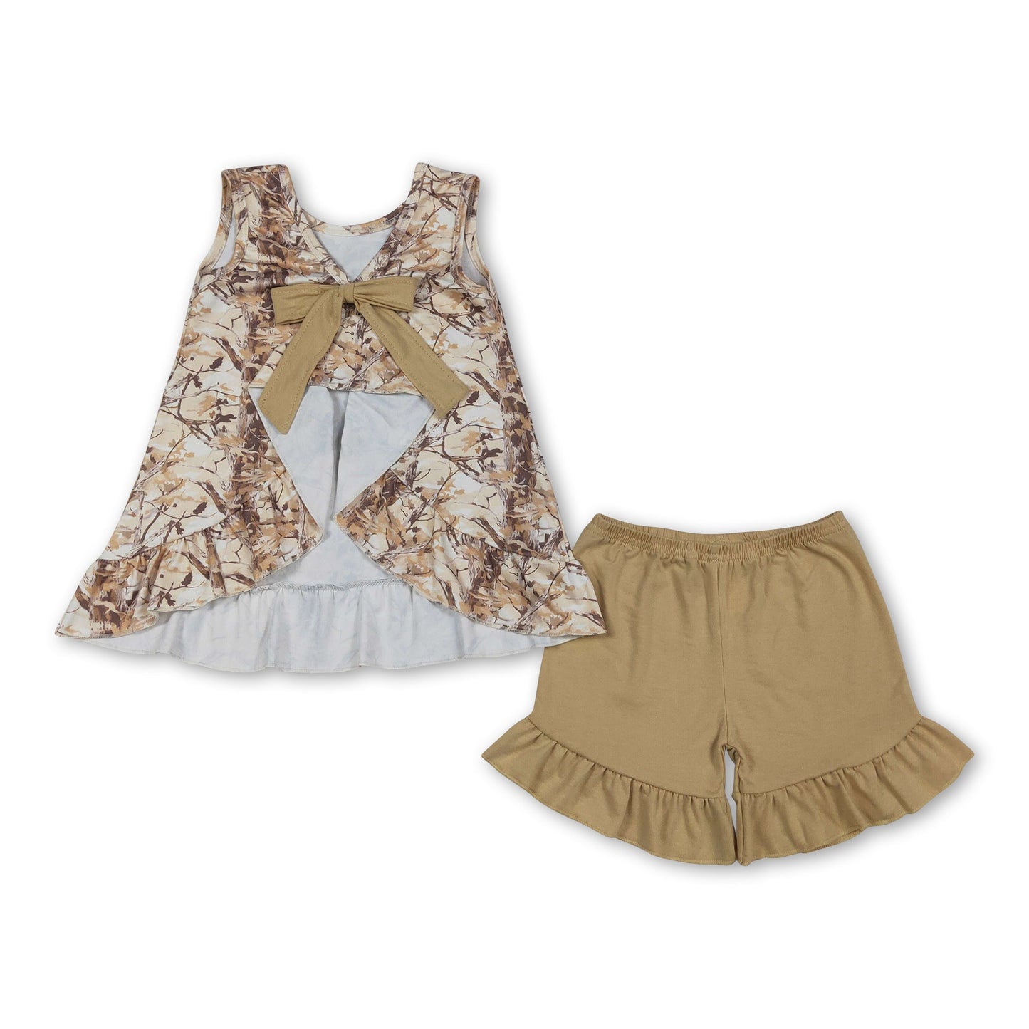 Sleeveless leaves camo top ruffle shorts girls outfits