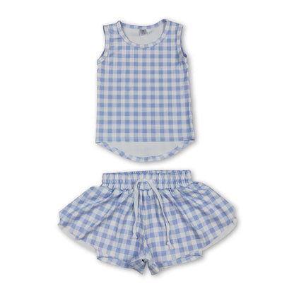 Sleeveless blue plaid top shorts girls active wear set
