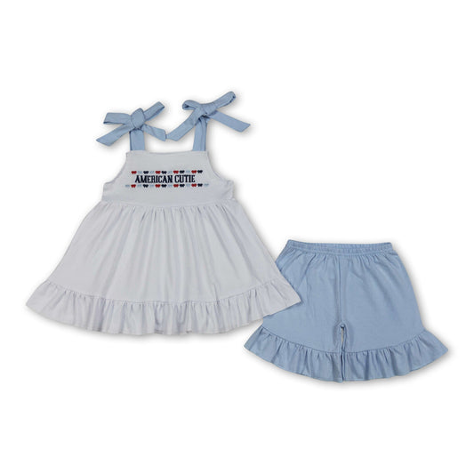 American cute bow embroidery kids girls 4th of july outfits