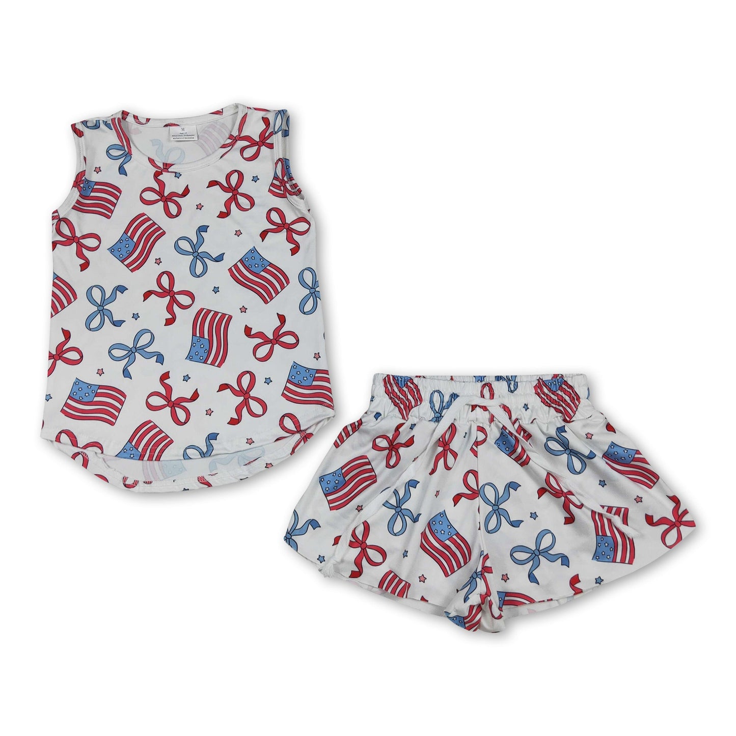 Sleeveless bow flag top shorts kids girls 4th of july outfits