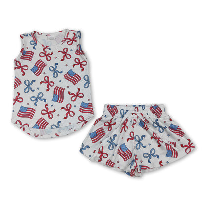 Sleeveless bow flag top shorts kids girls 4th of july outfits