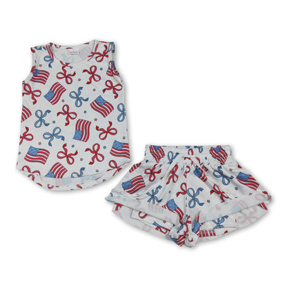Sleeveless bow flag top shorts kids girls 4th of july outfits