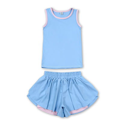 Sleeveless light blue pink top butterfly shorts girls outfits