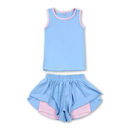 Sleeveless light blue pink top butterfly shorts girls outfits