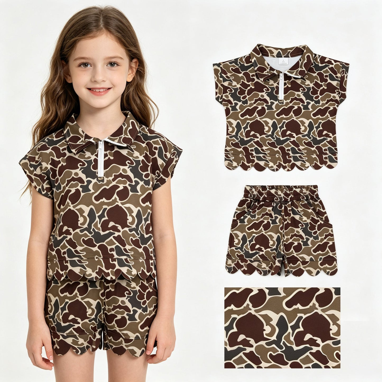 Dark brown camo scallop pullover shorts girls outfits