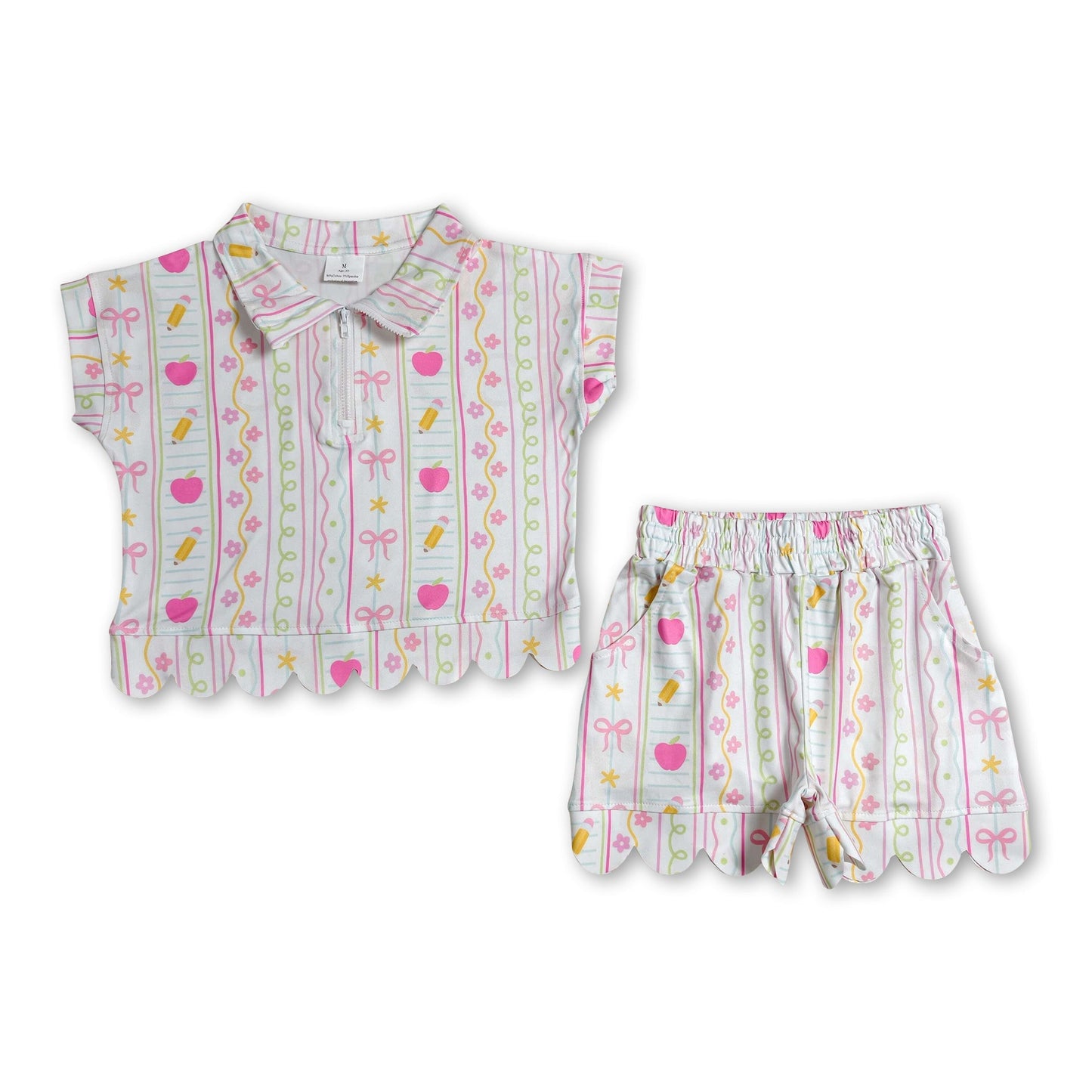 Apple pencil bow scallop girls back to school outfits