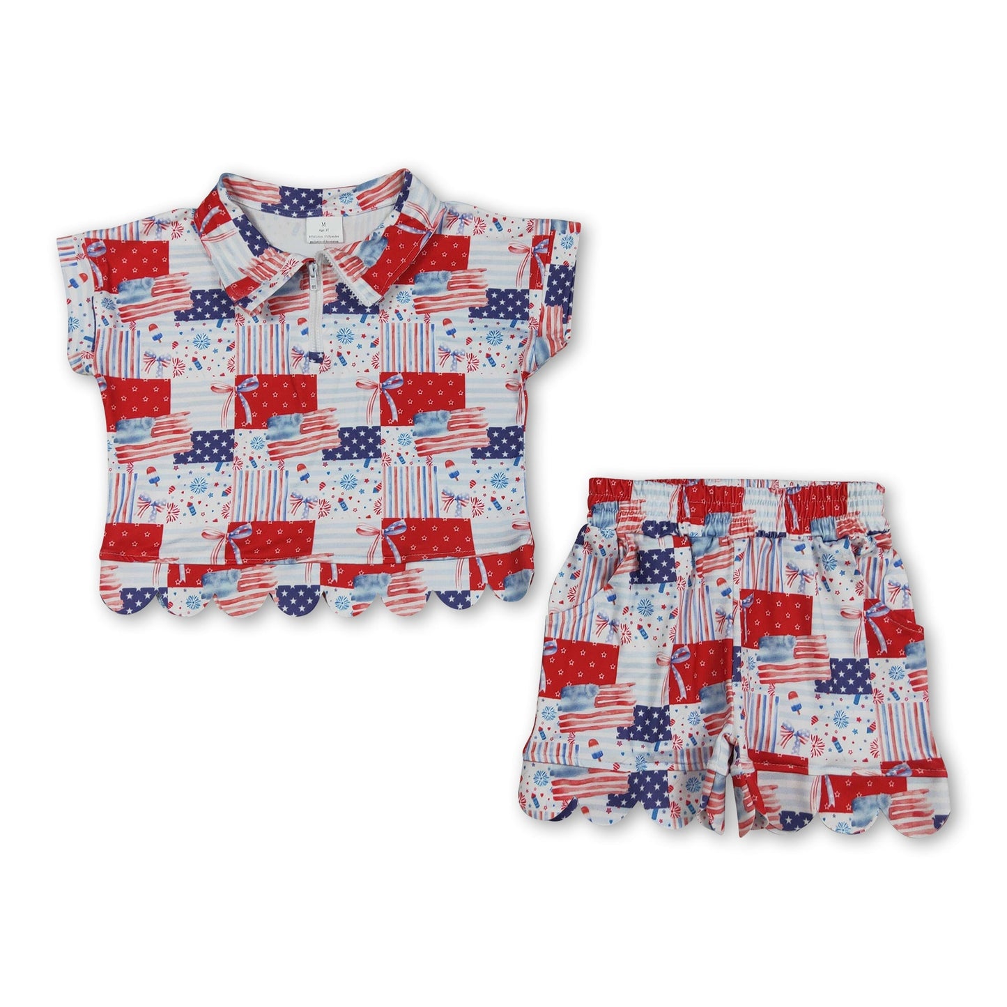 Flag bow scallop pullover shorts girls 4th of july outfits