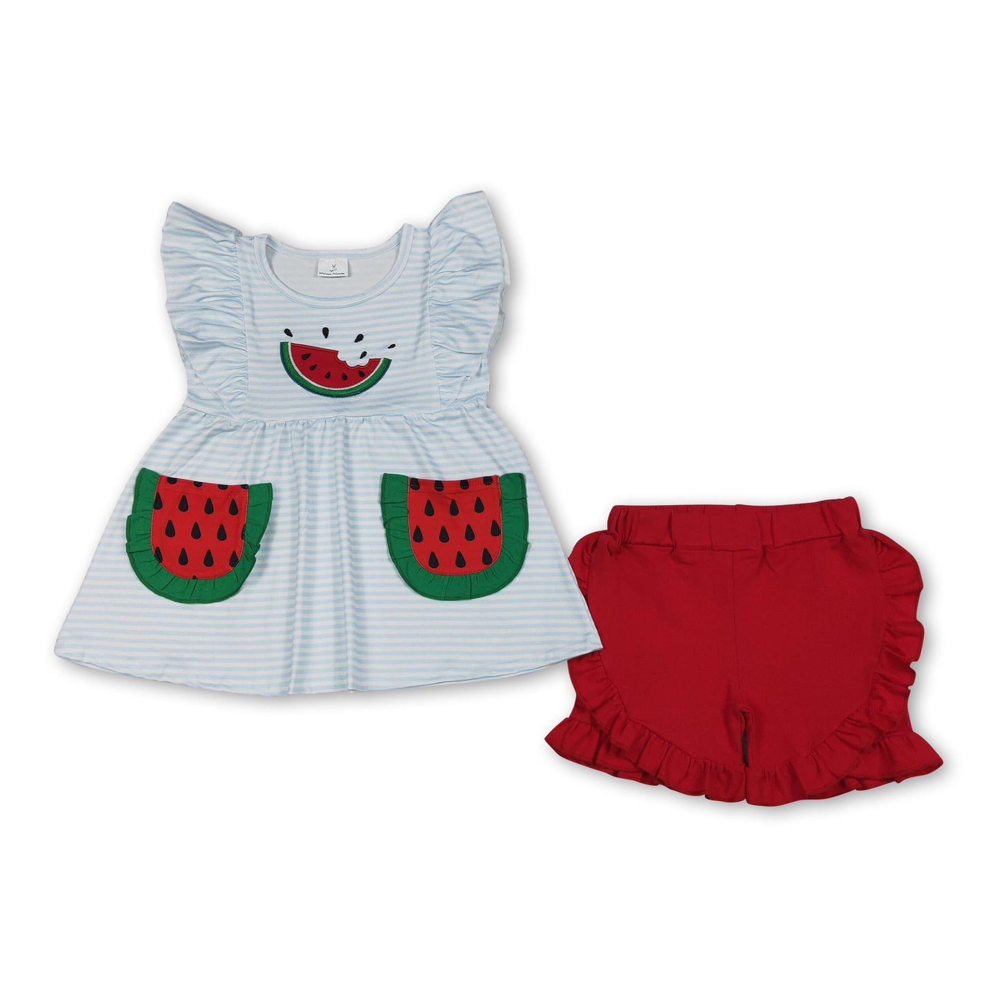 Flutter sleeves watermelon embroidery girls summer set