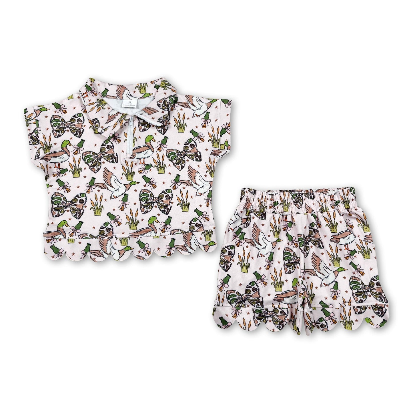 Short sleeves scallop duck camo bow girls summer clothes