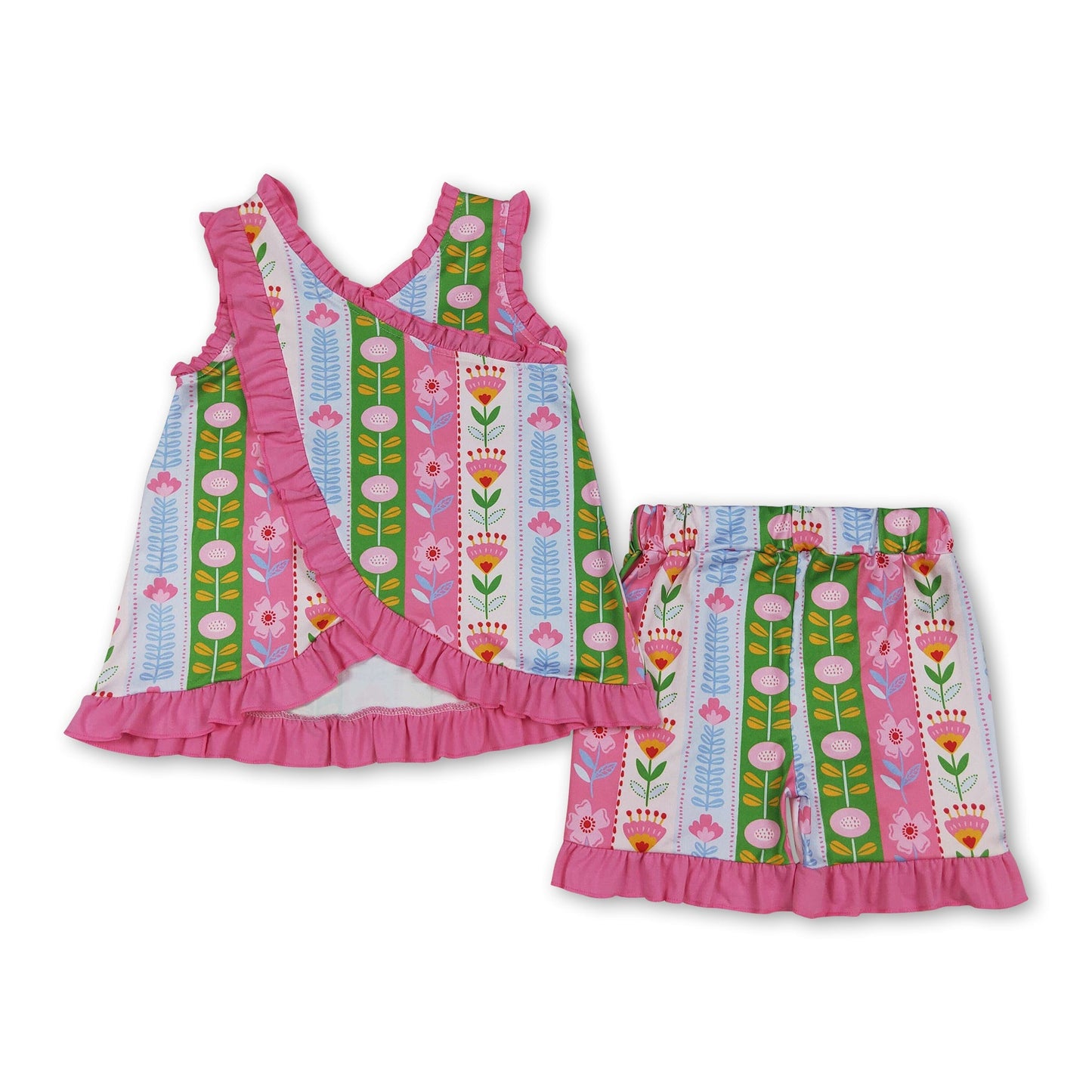Sleeveless pink ruffle floral top shorts girls summer set