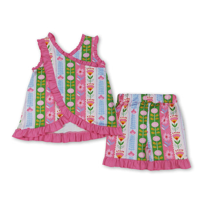 Sleeveless pink ruffle floral top shorts girls summer set