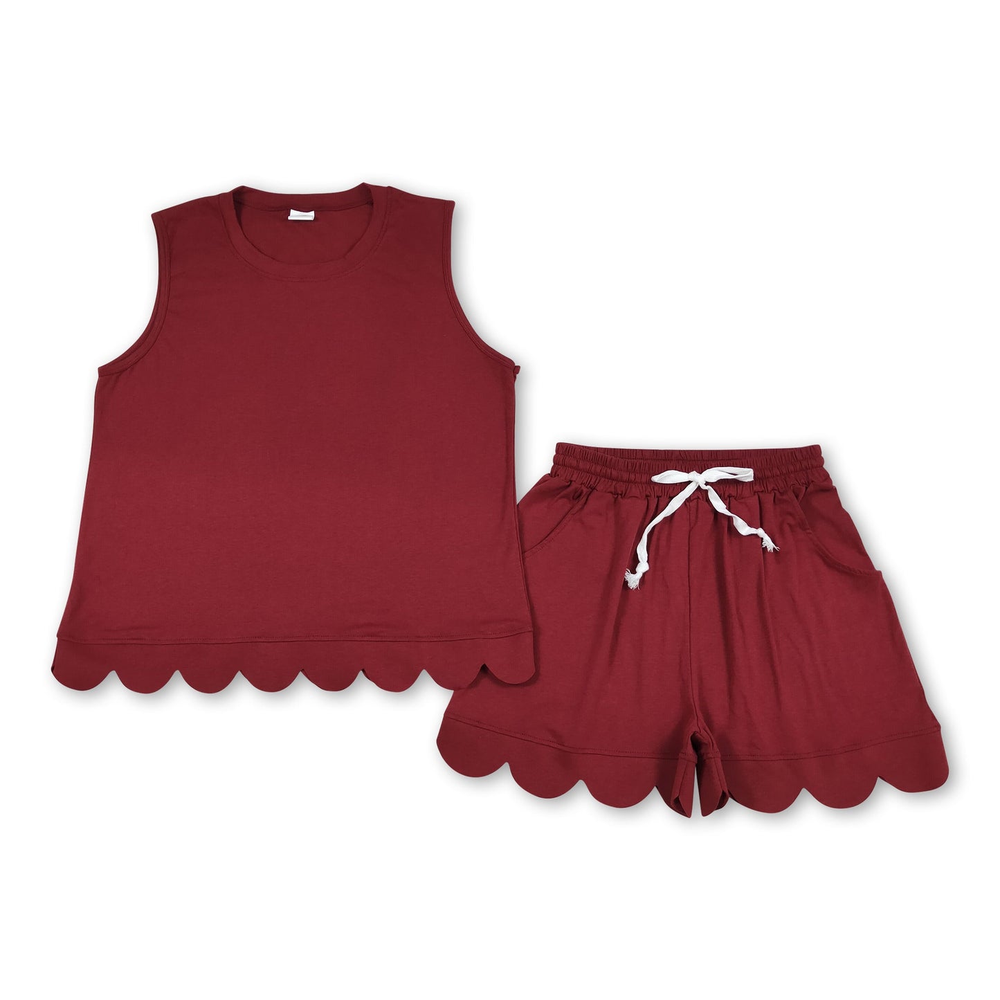 Maroon sleeveless cotton scallop top shorts women set
