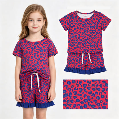 Short sleeves blue ruffle leopard top shorts girls outfits