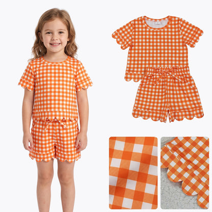 Short sleeves orange plaid scallop top shorts girls team outfits