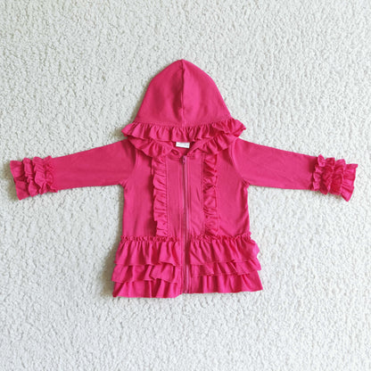 Solid hot pink zipper jacket girls ruffle hoodie cardigan
