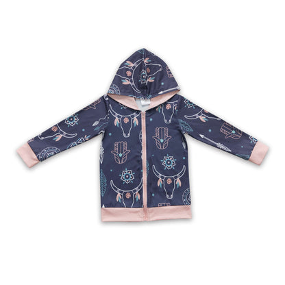 Bull skull feather zipper hoodie girls western jacket