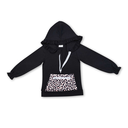 Long sleeves black leopard ruffle baby girls hoodie
