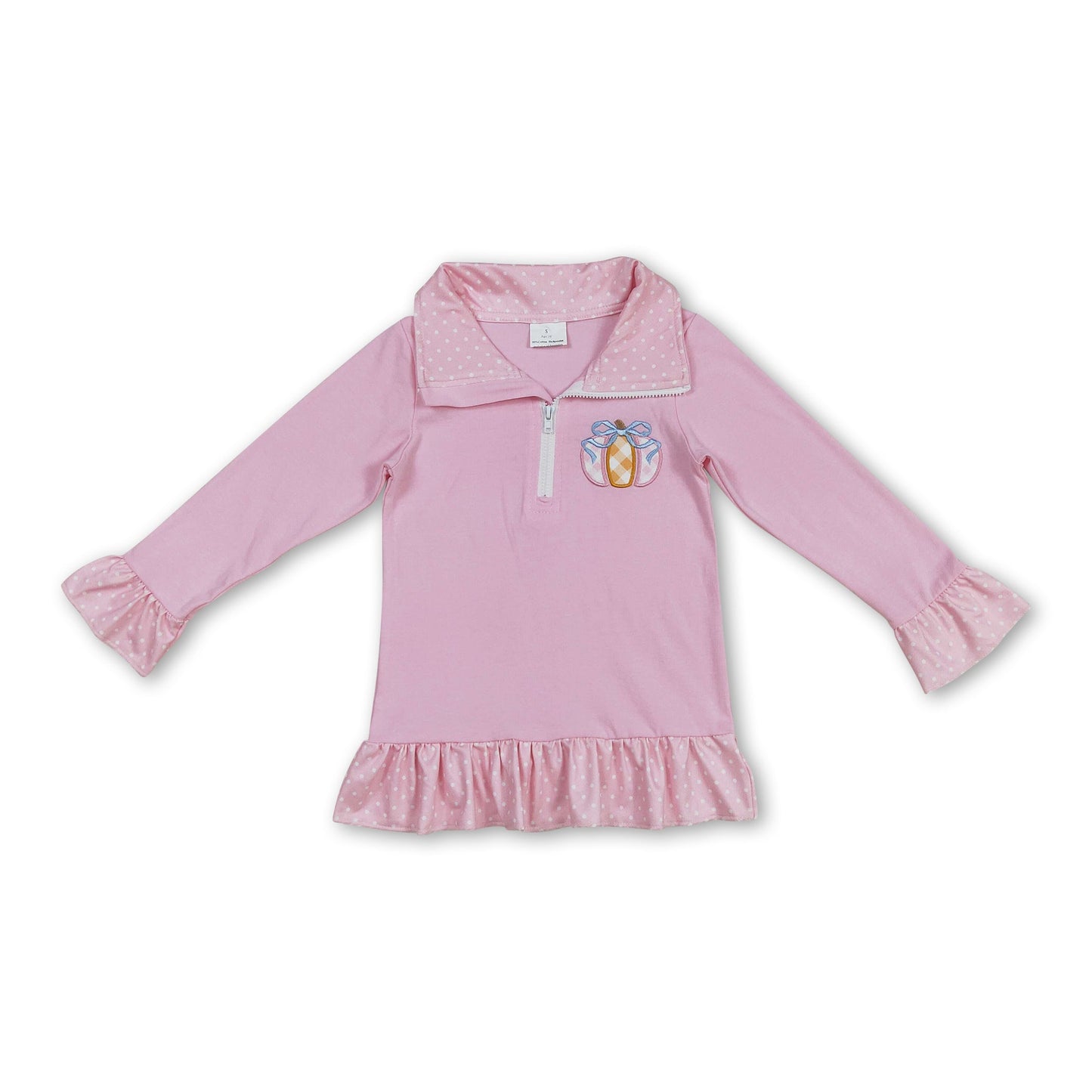 Pink polka dots pumpkin bow ruffle kids girls zip pullover