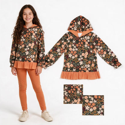 Long sleeves ruffle floral girls fall hoodie