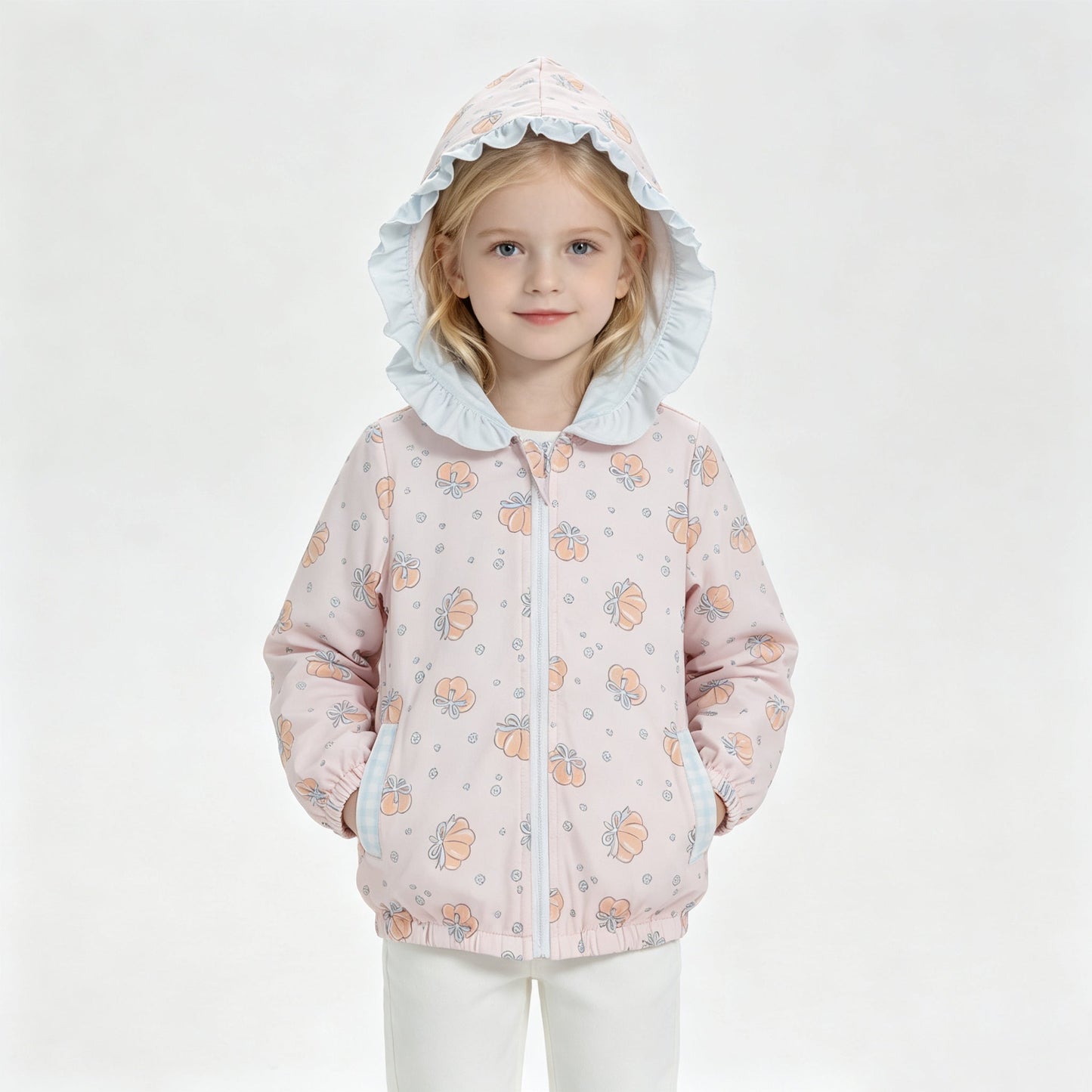 Long sleeves pumpkin bow ruffle girls fall hooded jacket