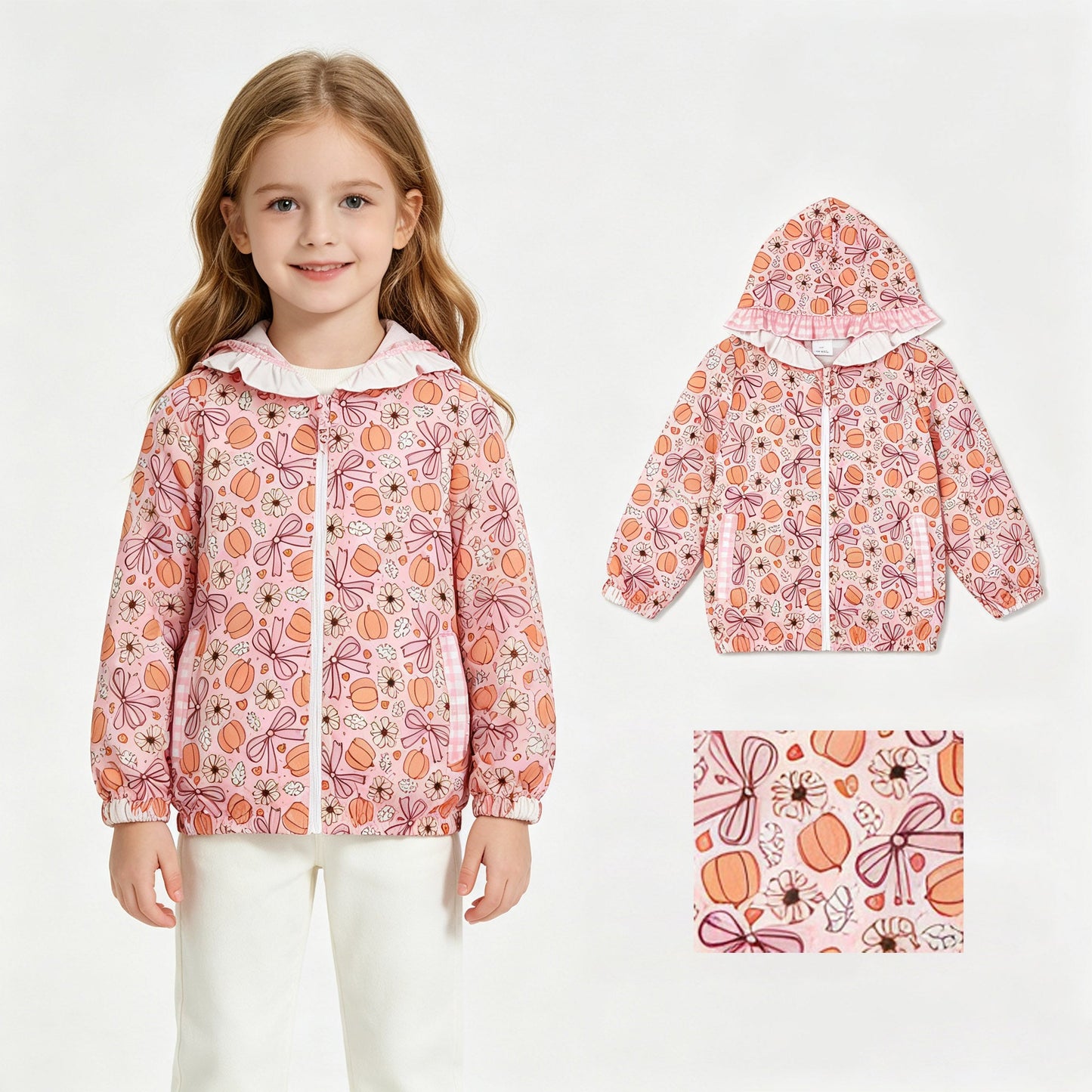 Floral pumpkin bow  ruffle girls fall hooded jacket