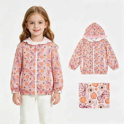 Floral pumpkin bow  ruffle girls fall hooded jacket