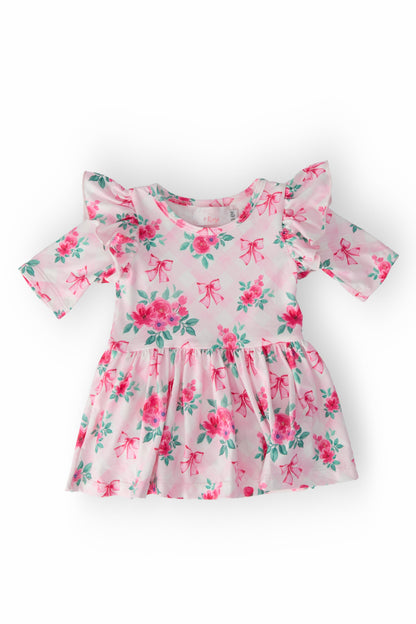 Gingham Bows 3/4 Sleeve Flutter Twirl Bodysuit