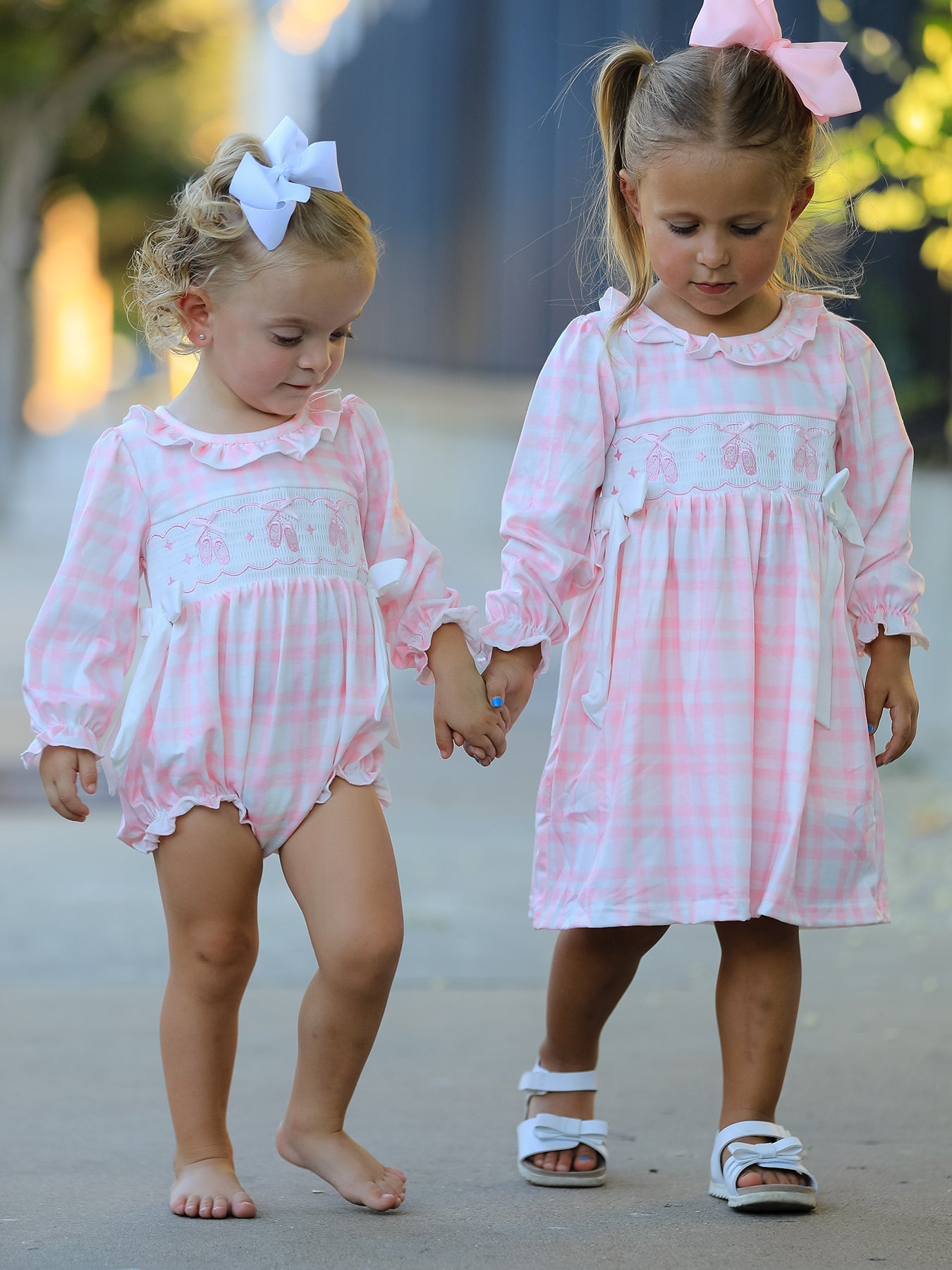 Fall Pink Plaid Ruffle Ballet Shoe Embroidery Long Sleeve Dress