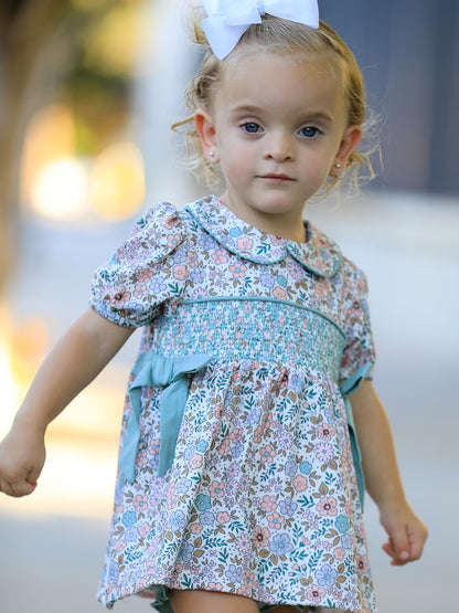 Sage Green Floral Smocked Girl Bloomer Set