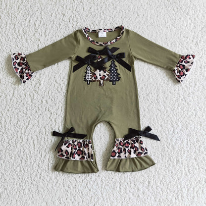 Christmas tree embroidery olive cotton baby Christmas romper