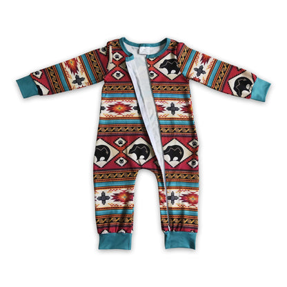 Cow aztec zipper baby boy western romper
