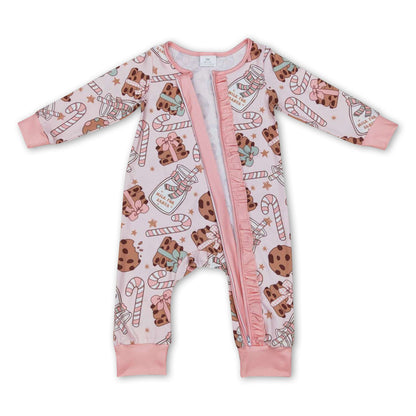Pink cookie milk candy cane baby girls Christmas zipper romper