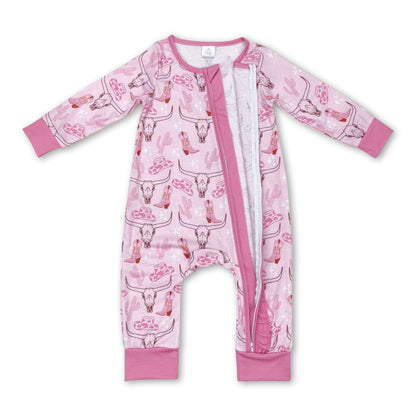 Pink boots cactus bull skull baby girls zipper romper
