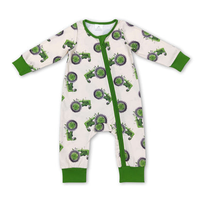 Green tractor baby boy farm zipper romper