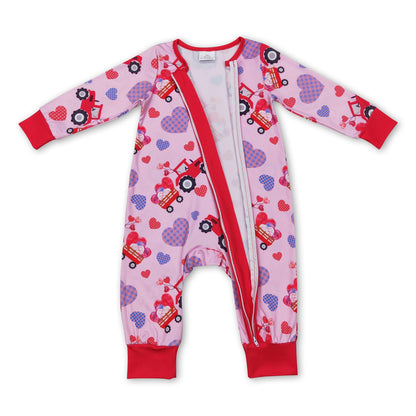 Long sleeves heart truck baby girls Valentine's zipper romper