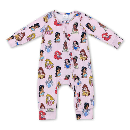 Long sleeves pink princess baby girls zipper romper