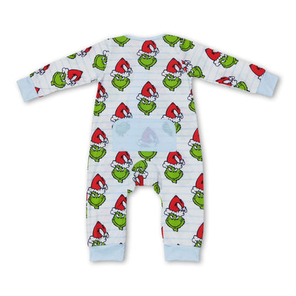 Stripe green face baby boy Christmas zipper romper