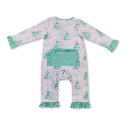 Long sleeves Christmas tree bow baby girls zipper romper